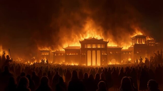 Photorealistic depiction of the burning of Hazor, engulfed in flames with a crowd witnessing the destruction. A scene evoking chaos and despair, reminiscent of biblical narratives.