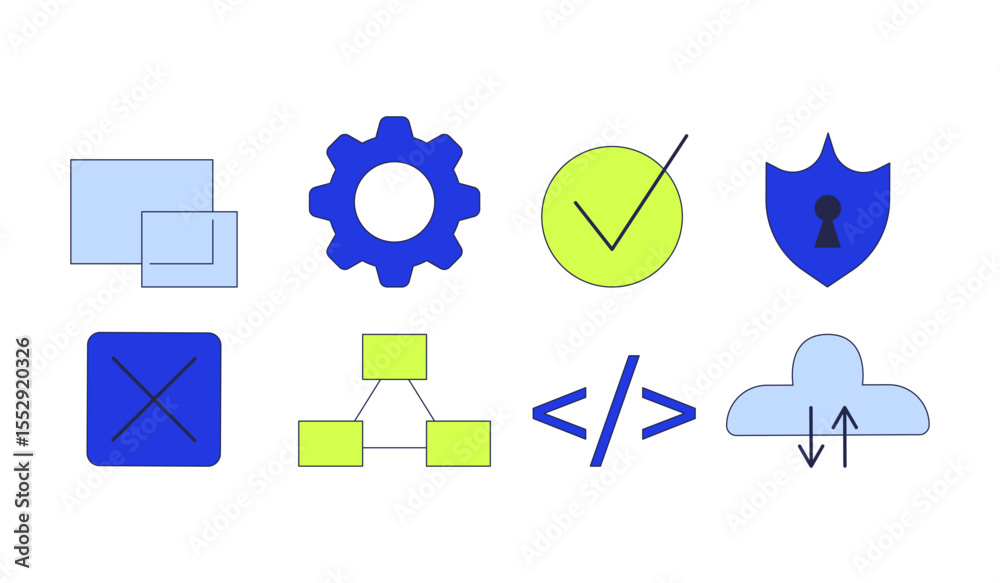 Poster technology and ui icons 2d cartoon objects set. cloud computing, code brackets, checkmark tick, shie