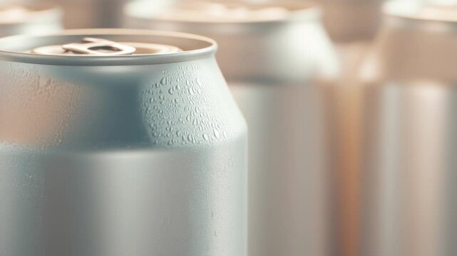 Close-up of multiple silver beer cans with blank surface as mockup, condensation, metallic texture, background
