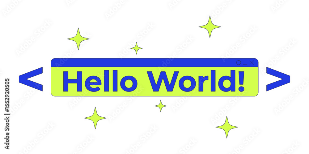 Aufkleber hello world text coding banner in sparkles and code brackets 2d cartoon object. iconic starting poin