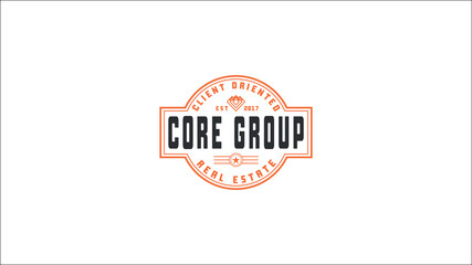 Vintage circular badge logo in orange and black with CORE GROUP text, perfect for real estate, coffee shops, retro brands, or handcrafted product labels
