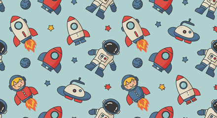 Cartoon Style Detailed Space Elements Seamless Pattern for Textile Design