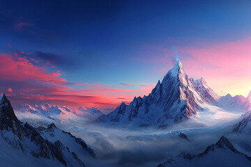 Majestic mountain range illuminated by dawn light