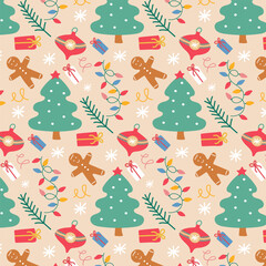 Festive Christmas seamless pattern with trees, ornaments, and gingerbread man.