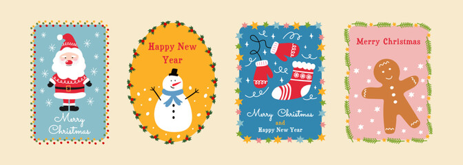 Christmas and New Year greeting card set with Santa Claus, snowman, mittens, and gingerbread man.