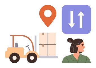 Forklift carrying boxes, orange location marker, up-and-down arrows, and a person representing logistics. Ideal for shipping, delivery, supply chain, inventory, warehousing distribution
