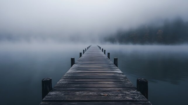Serene dock at sunrise surrounded by misty water and mountains creating a tranquil and picturesque landscape for relaxation - Powered by Adobe