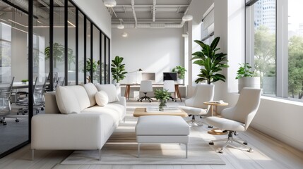 Fototapeta premium An inviting modern office space featuring a cozy arrangement of white furniture, lush plants, and large windows that enhance natural light and promote productivity.