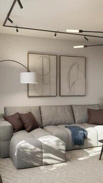 Living room interior in light warm colors, on a sunny day. 3D render	