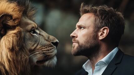 A striking image of a man and a lion staring at each other, representing courage, respect, and the deep connection between humans and the animal kingdom in a powerful scene.