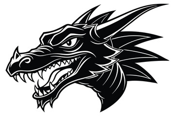 Naklejka premium A ferocious dragon head with sharp teeth is displayed in striking black monochrome