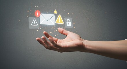 Email Security Awareness: Hand Presenting Digital Protection and Warning Icons Concept