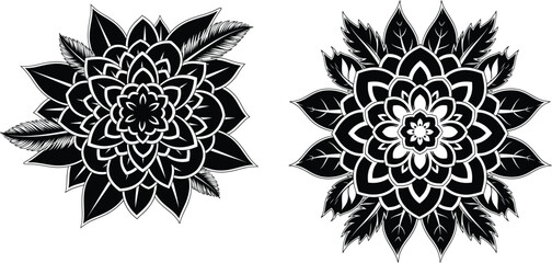 Obraz premium Two symmetrical mandala designs with flower and leaf elements for creative projects and prints