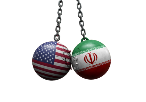 USA and Iran Conflict Symbolized by Colliding Wrecking Balls on Chains.