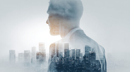 A double exposure image of a businessman overlaid with a modern city skyline. The concept of corporate vision, urban development, and the connection between business and metropolitan growth