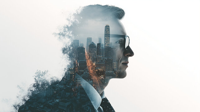 A double exposure image of a businessman overlaid with a modern city skyline. The concept of corporate vision, urban development, and the connection between business and metropolitan growth