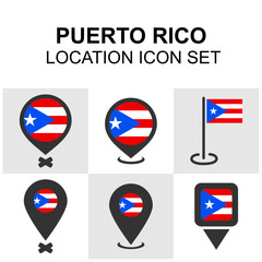 Fototapeta premium Puerto Rico-themed location pins for mapping, travel, or education. Features national flag in various pin shapes.