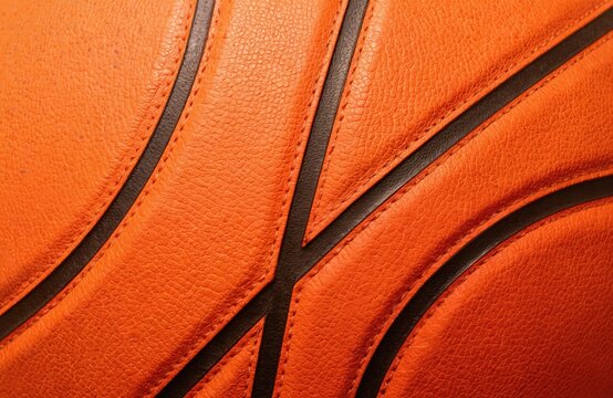 Macro close-up of orange basketball with black lines. Leather ball background texture for sport theme poster. Detailed basketball skin, grain, grip, seam. Abstract sport wallpaper, design, backdrop,