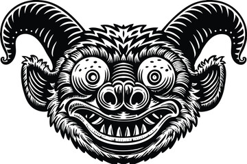 Monochrome mythical creature smiles with horns and sharp teeth, detailed ornate head is visible