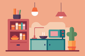 Vector illustration set of modern home interior designs with furniture icons, including living room, kitchen, office, and bedroom decor