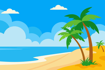 Obraz premium Tropical paradise: palm trees line the sandy beach with the clear blue ocean under a summer sky, inviting a relaxing vacation