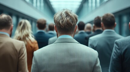 A diverse group of individuals in business attire walking away from the camera in a modern, well-lit corridor, showcasing unity and professional collaboration in a corporate setting.