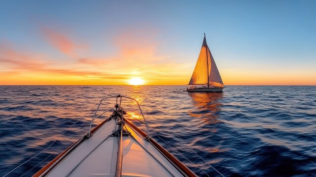 A stunning sunset view of a sailboat gliding peacefully over the tranquil sea, representing freedom, adventure, and the beauty of nature in harmony with the world.