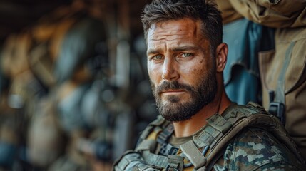 Obraz premium This compelling image showcases a rugged soldier with a focused expression, highlighting themes of bravery, resilience, and duty amidst a military background full of gear.