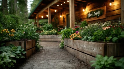 Fototapeta premium A beautiful garden path flanked by colorful flowers and illuminated by warm lights leading up to a cozy wooden home, creating a serene and inviting atmosphere.