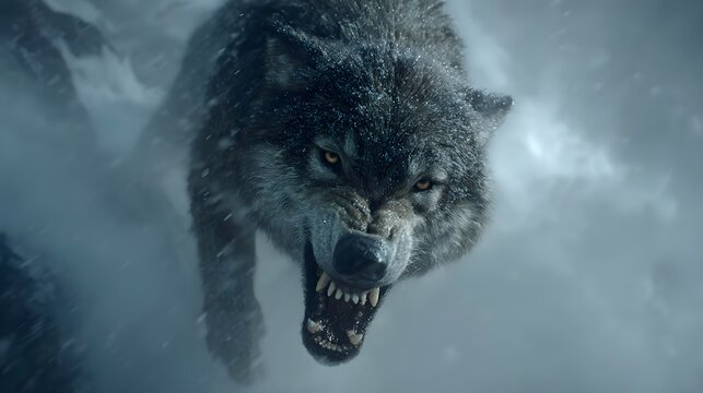 A Angry wolf with its mouth open