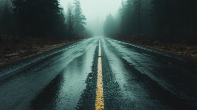 A solitary, winding road disappears into a fog-laden forest, creating an atmosphere of mystery and introspection, inviting the viewer to journeys untold.