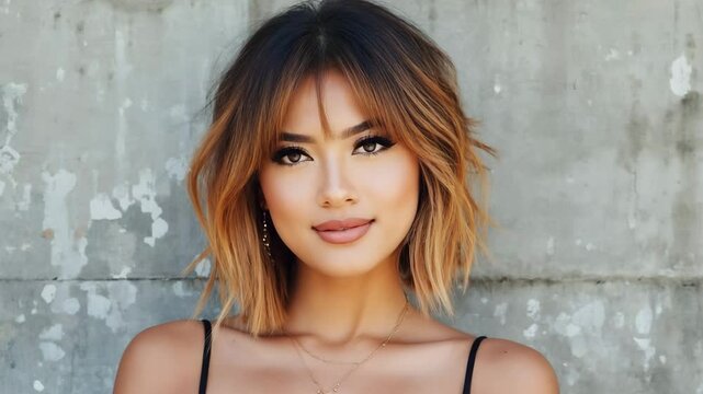 Stylish woman with a trendy short hairstyle. Her hair is a beautiful blend of brown and blonde shades, styled with curtain bangs and a textured bob.