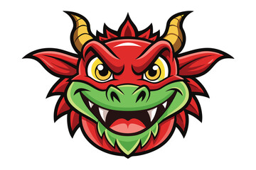 Cartoonish red dragon head displays yellow eyes and gold horns with a toothy grin