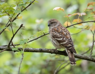 Chuck-wills-widow bird perched on branch in forest during bird migration. Bird with brown feather camouflage sits on tree stick, looks into distance. Wildlife photo of avian predator in wild nature.
