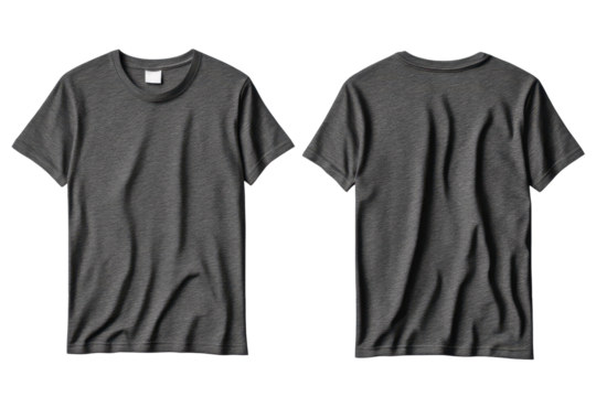 Dark gray t shirt round neck template showcasing front and back views for clothing design and online retail purposes