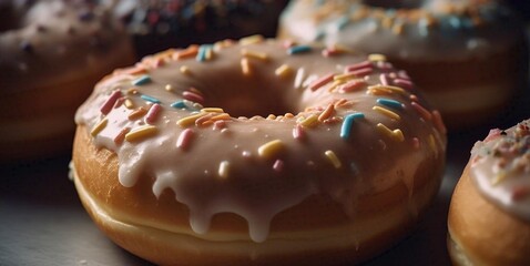 Donuts with icing sugar and chocolate sprinkles closeup concept food delicious