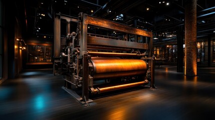 An antique industrial machine stands prominently in a dimly lit space, representing the blend of history and contemporary artistic exploration within urban environments.
