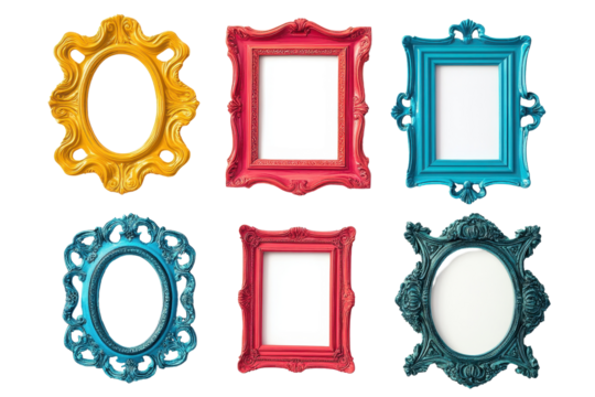 Brightly colored ornate picture frames arranged creatively on a white background, showcasing intricate designs and shapes, perfect for adding a pop of color and elegance to any decor