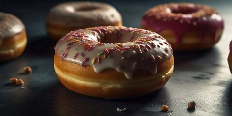 Donut with chocolate and sprinkles icing sugar cream almonds concept food