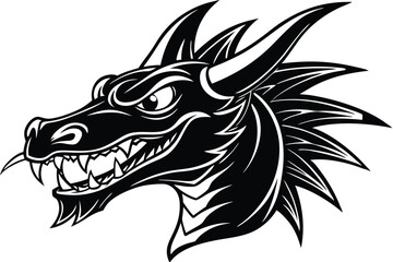 Black dragon head shows sharp teeth and fierce eyes, designed with a tribal style