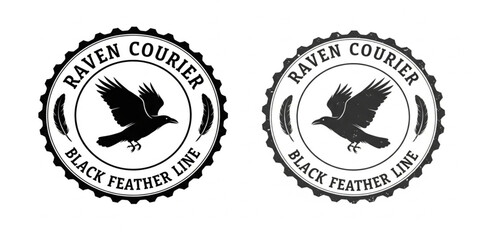 Fototapeta premium Raven Courier Black Feather Line logo seal on white background