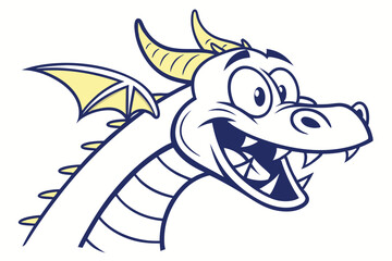 Joyful dragon smiles widely showing sharp teeth with yellow horns and wings happily