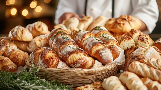An inviting bakery scene filled with freshly baked artisanal bread varieties, showcasing crusty loaves and fluffy rolls in a warm and welcoming atmosphere.