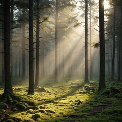 Naklejka premium Sun rays pierce through forest trees casting shadows on mossy ground. Calm, serene woods with natural light. Woodland scenery evokes feelings of peace, tranquility, healing. Scenic wild landscape