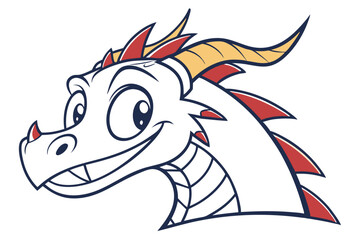 A friendly cartoon dragon smiles with golden horns and red spikes on its head
