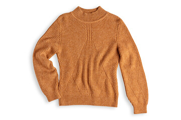 Top view of single casual yellow brown ribbed knit traditional sweater with long sleeves made of cozy soft cashmere fiber isolated on white background used as autumn warm knitwear wool textile clothes