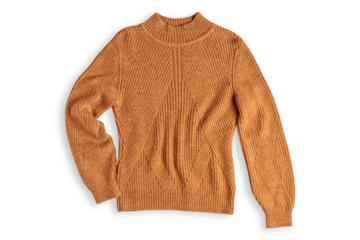 Top view of single casual yellow brown ribbed knit traditional sweater with long sleeves made of cozy soft cashmere fiber isolated on white background used as autumn warm knitwear wool textile clothes
