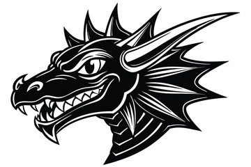 Black tribal dragon head with sharp teeth and spines is isolated, a fierce beast