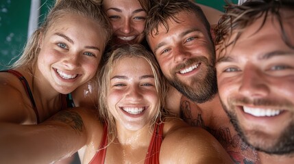 Obraz premium A lively group of five friends joyfully pose for a selfie, capturing smiles and shared moments of happiness after a refreshing swim, celebrating friendship and togetherness.