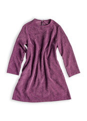 Top view of single crumpled purple burgundy casual warm autumn dress with long sleeve and round...